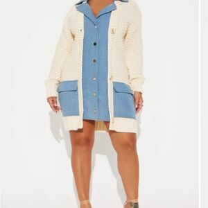Cream Knit Cardigan with Blue Dress
